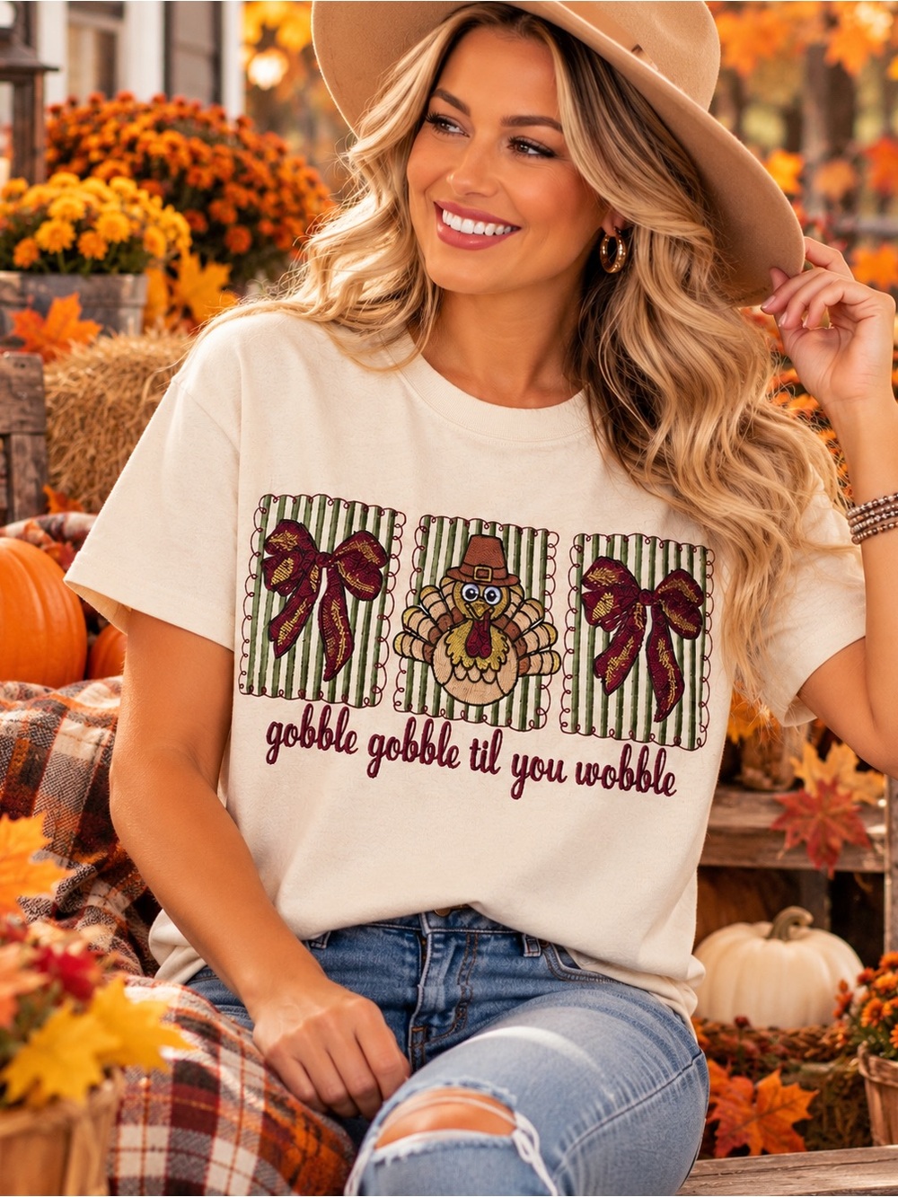 Women's Cream Thanksgiving Turkey Embroidered Tee - Gobble Gobble til you wobble